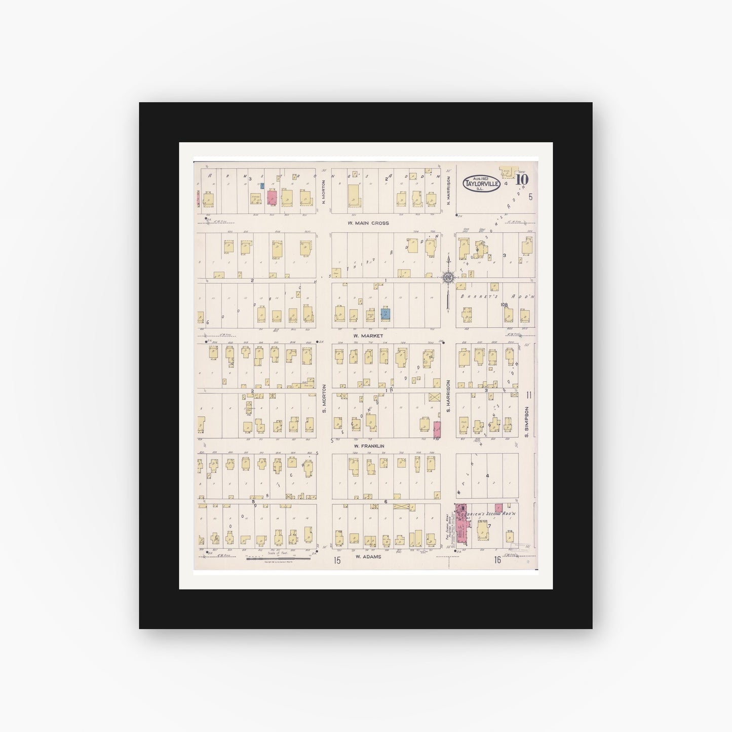 Old map wall art mockup — black gallery frame with white mat — Sanborn Fire Insurance Map from Taylorville, Christian County, Illinois (1922), Sheet #0010
