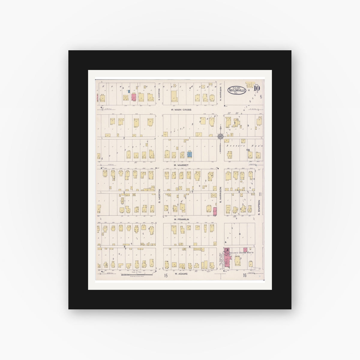 Old map wall art mockup — black gallery frame with white mat — Sanborn Fire Insurance Map from Taylorville, Christian County, Illinois (1922), Sheet #0010