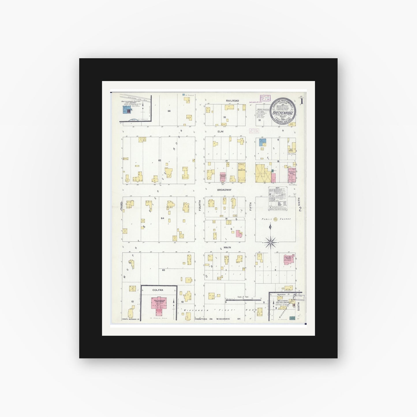 Old map wall art mockup — black gallery frame with white mat — Sanborn Fire Insurance Map from Breckenridge, Caldwell County, Missouri (1909) - Complete Map Set