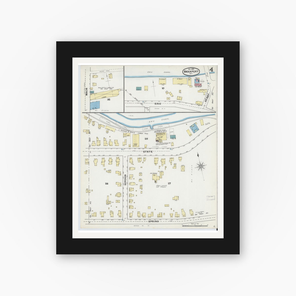 Old map wall art mockup — black gallery frame with white mat — Sanborn Fire Insurance Map from Brockport, Monroe County, New York (1892), Sheet #0004