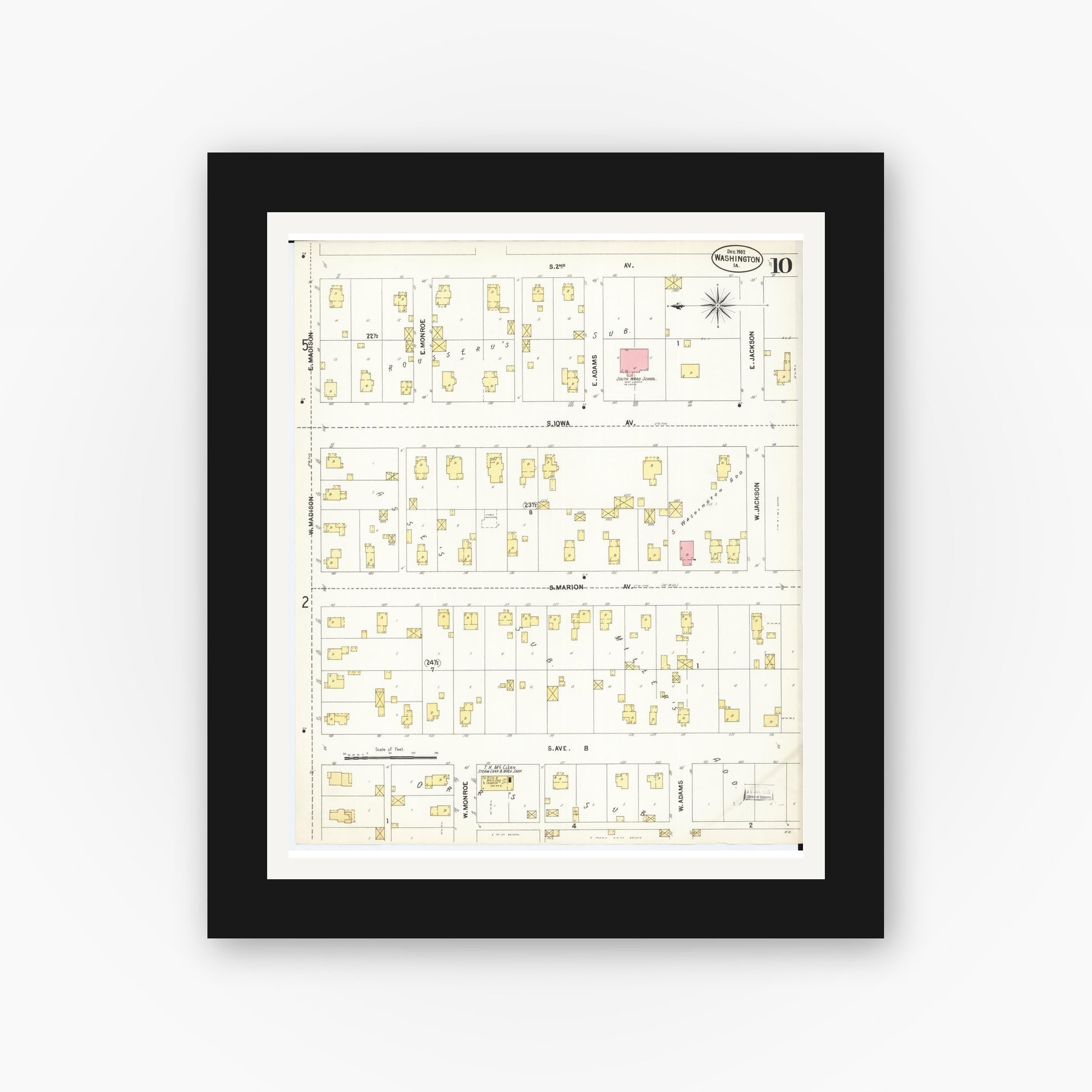 Old map wall art mockup — black gallery frame with white mat — Sanborn Fire Insurance Map from Washington, Washington County, Iowa (1902), Sheet #0010