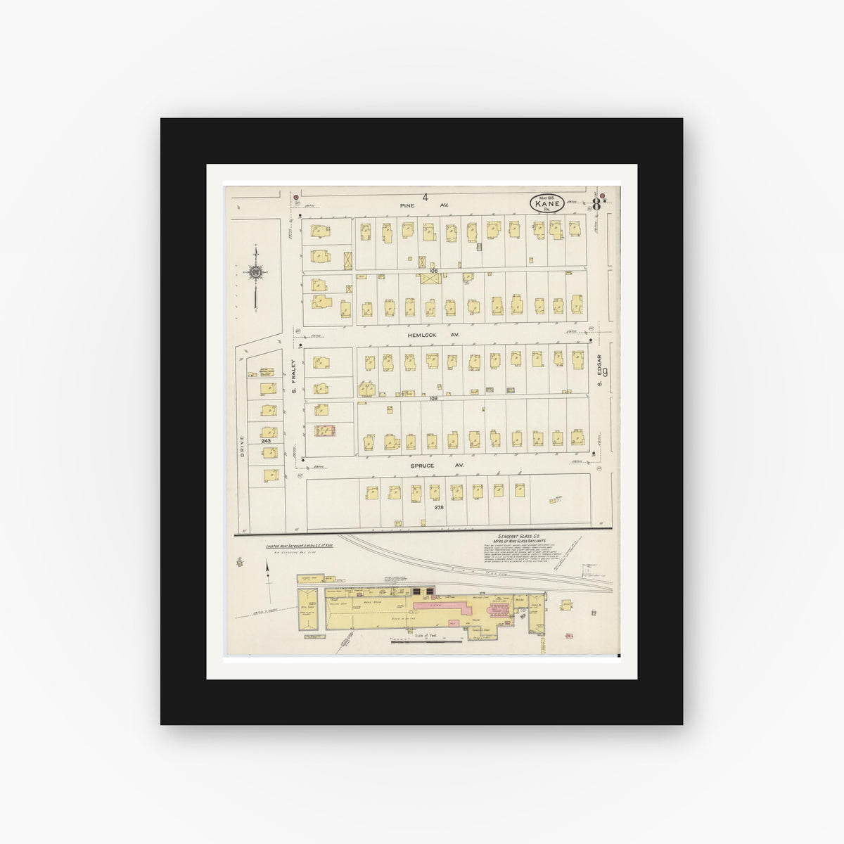 Old map wall art mockup — black gallery frame with white mat — Sanborn Fire Insurance Map from Kane, McKean County, Pennsylvania (1915), Sheet #0008