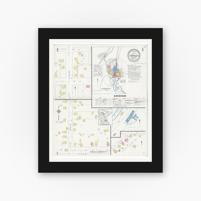 Old map wall art mockup — black gallery frame with white mat — Sanborn Fire Insurance Map from Jordan, Scott County, Minnesota (1928), Sheet #0001