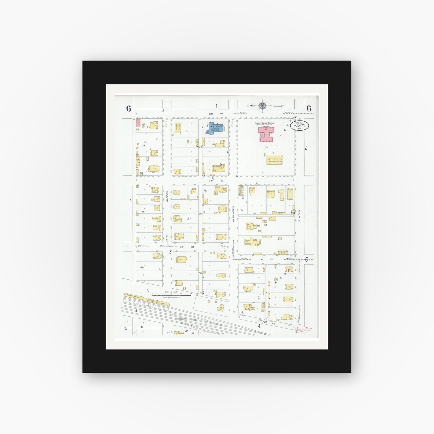 Old map wall art mockup — black gallery frame with white mat — Sanborn Fire Insurance Map from Hayti, Pemiscot County, Missouri (1927), Sheet #0006