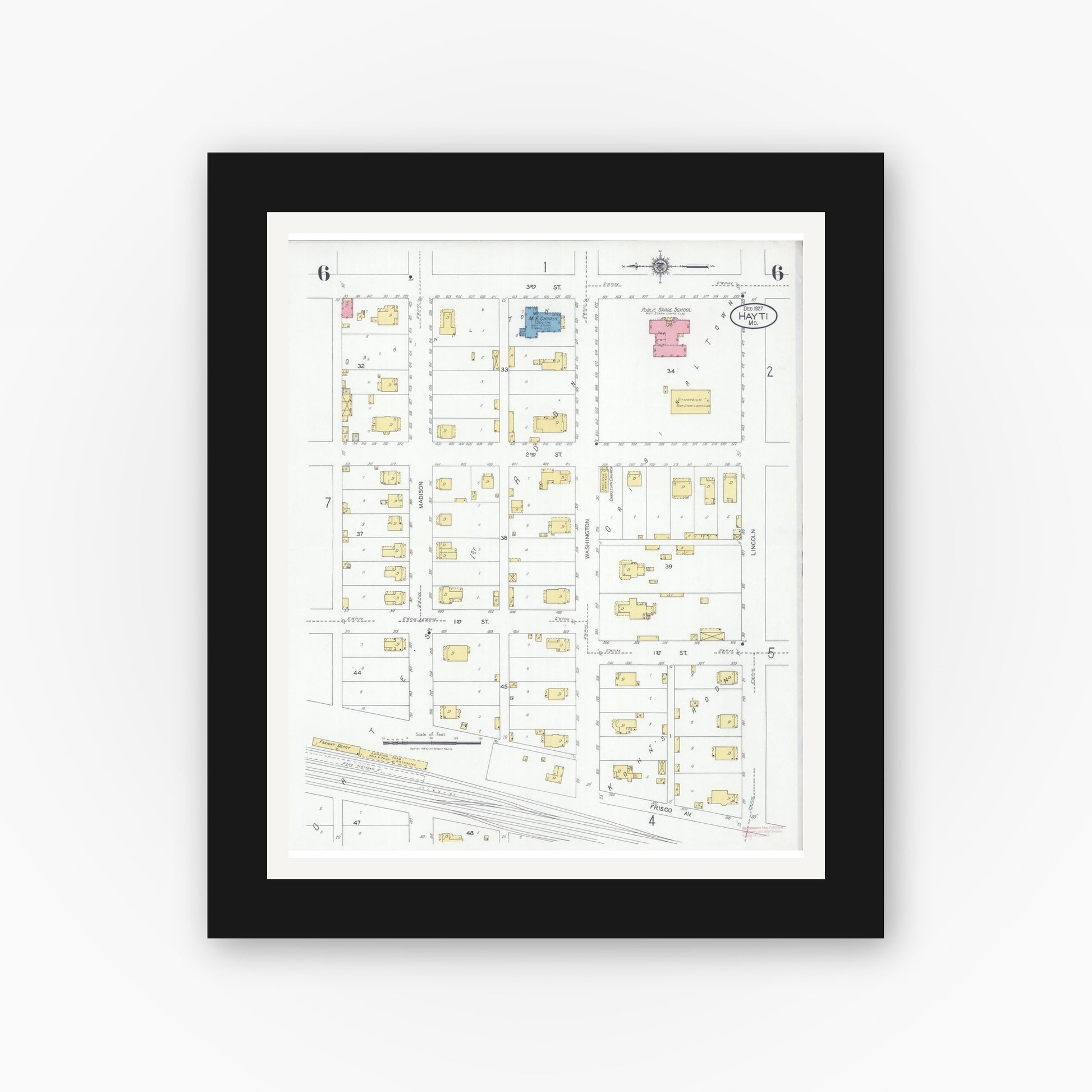 Old map wall art mockup — black gallery frame with white mat — Sanborn Fire Insurance Map from Hayti, Pemiscot County, Missouri (1927), Sheet #0006