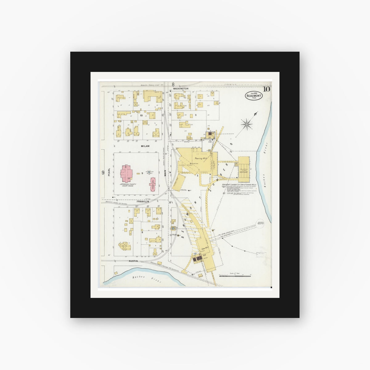 Old map wall art mockup — black gallery frame with white mat — Sanborn Fire Insurance Map from Beaumont, Jefferson County, Texas (1899), Sheet #0010