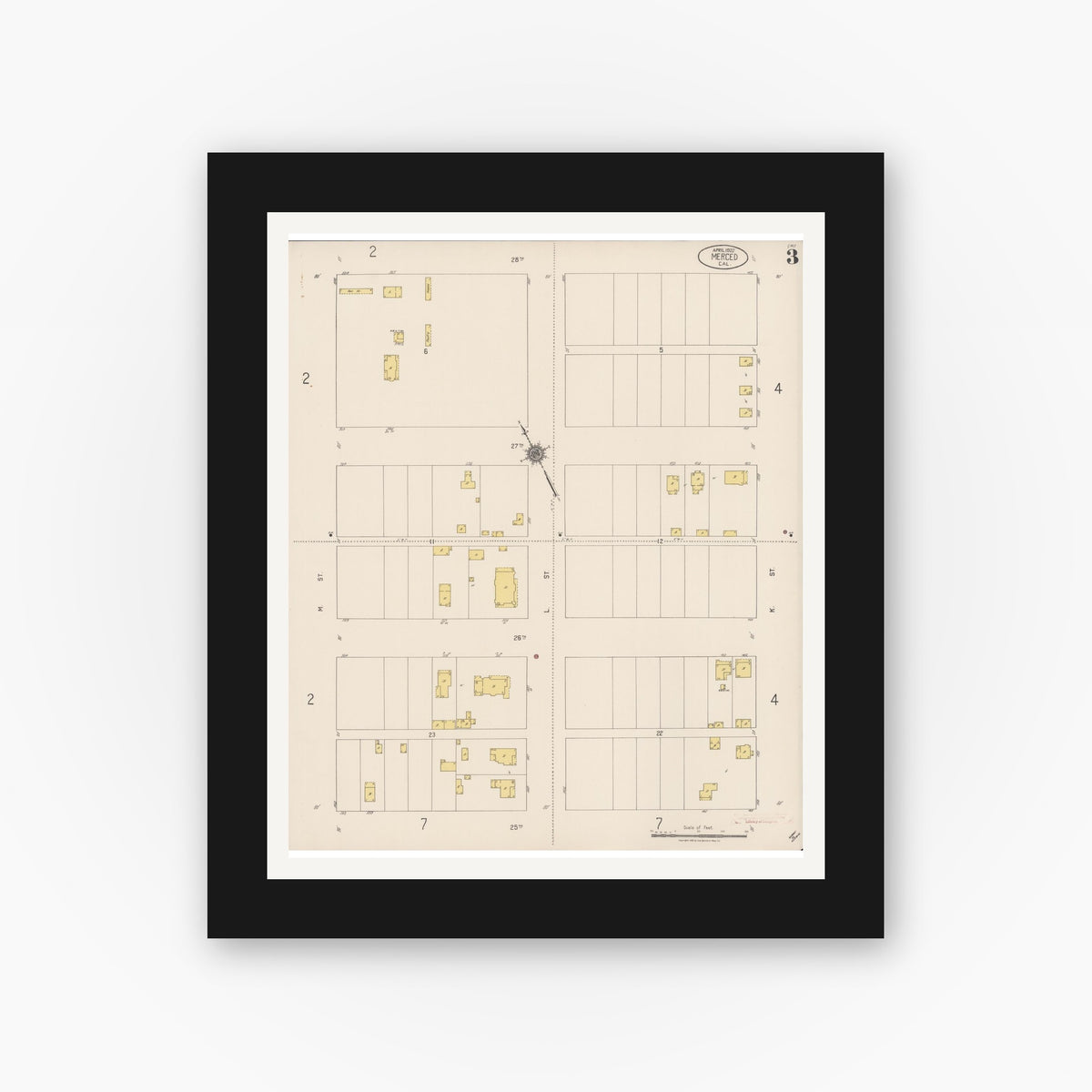 Old map wall art mockup — black gallery frame with white mat — Sanborn Fire Insurance Map from Merced, Merced County, California (1922), Sheet #0003