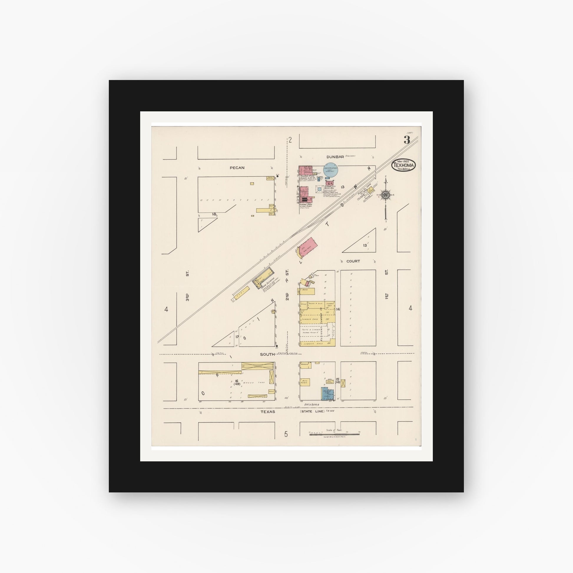 Old map wall art mockup — black gallery frame with white mat — Sanborn Fire Insurance Map from Texhoma, Texas County, Oklahoma and Sherman County, Texas, Texas (1922), Sheet #0003
