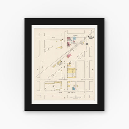 Old map wall art mockup — black gallery frame with white mat — Sanborn Fire Insurance Map from Texhoma, Texas County, Oklahoma and Sherman County, Texas, Texas (1922), Sheet #0003