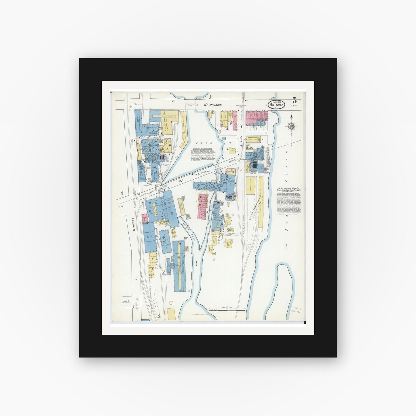 Old map wall art mockup — black gallery frame with white mat — Sanborn Fire Insurance Map from Batavia, Kane County, Illinois (1916), Sheet #0005