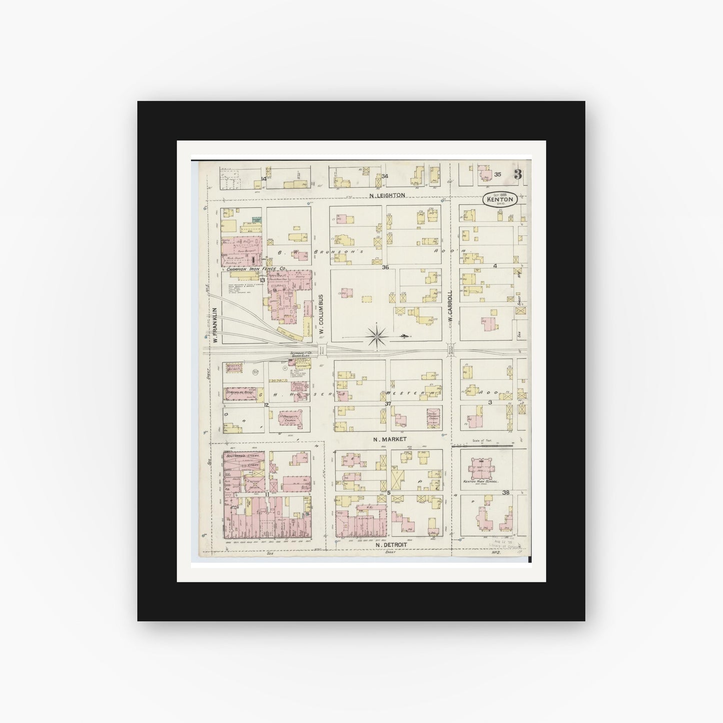 Old map wall art mockup — black gallery frame with white mat — Sanborn Fire Insurance Map from Kenton, Hardin County, Ohio (1888), Sheet #0003
