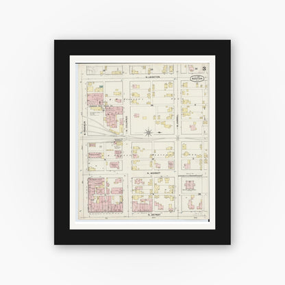 Old map wall art mockup — black gallery frame with white mat — Sanborn Fire Insurance Map from Kenton, Hardin County, Ohio (1888), Sheet #0003