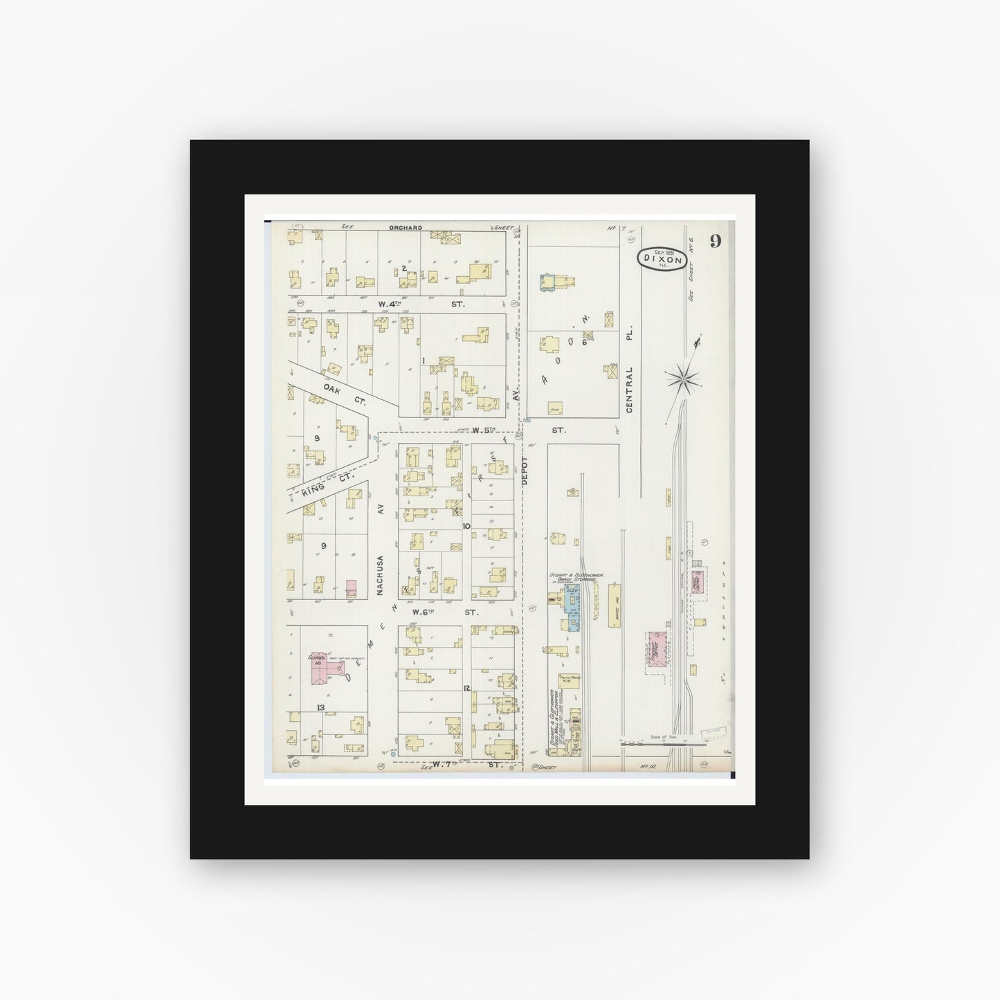 Old map wall art mockup — black gallery frame with white mat — Sanborn Fire Insurance Map from Dixon, Lee County, Illinois (1891), Sheet #0009