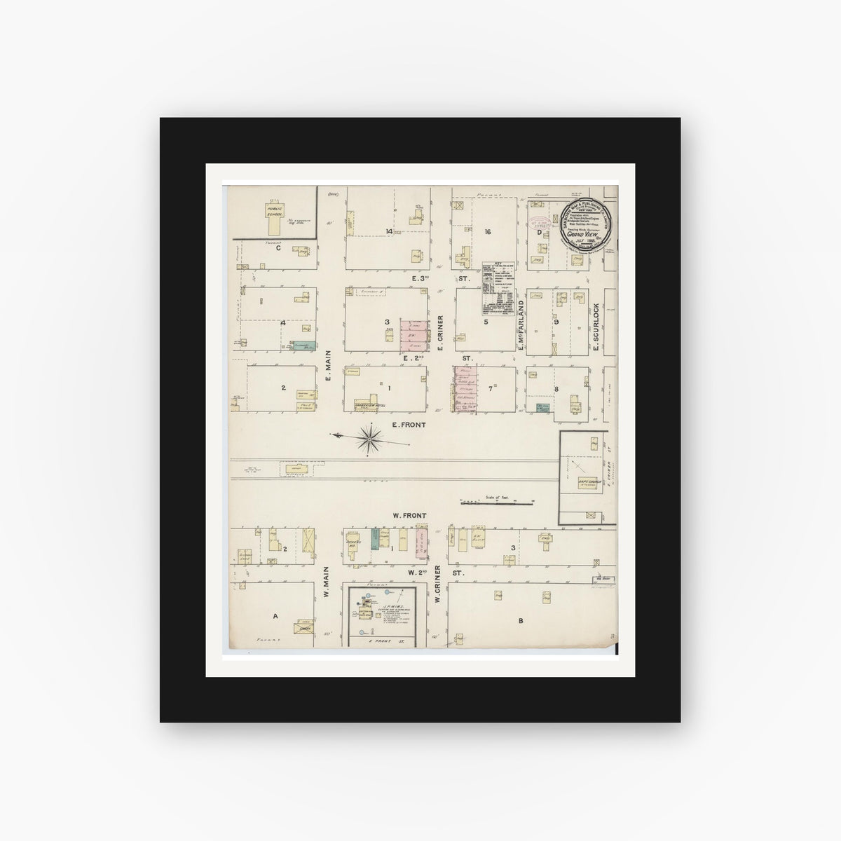 Old map wall art mockup — black gallery frame with white mat — Sanborn Fire Insurance Map from Grandview, Johnson County, Texas (1888), Sheet #0001