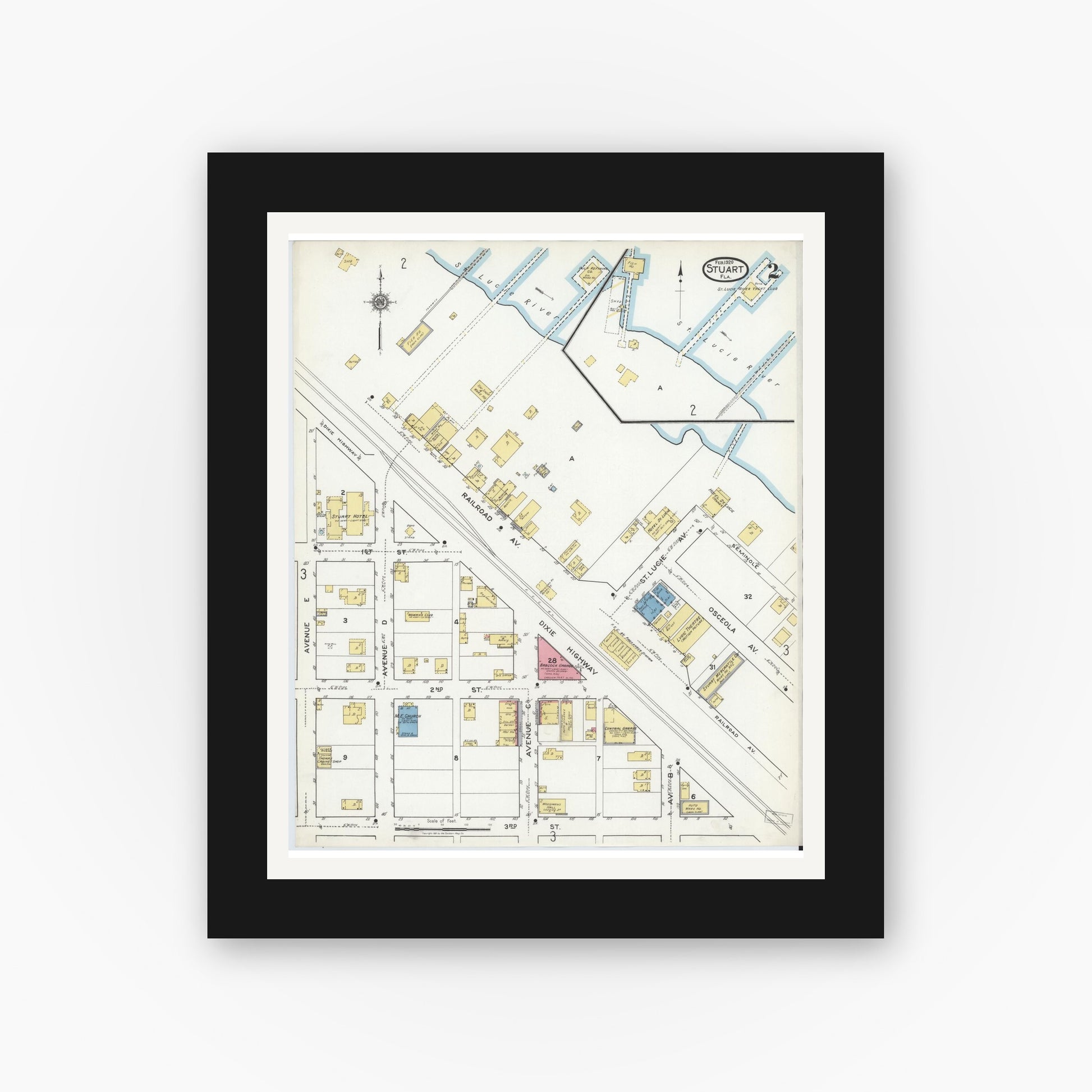 Old map wall art mockup — black gallery frame with white mat — Sanborn Fire Insurance Map from Stuart, Martin County, Florida (1920), Sheet #0002