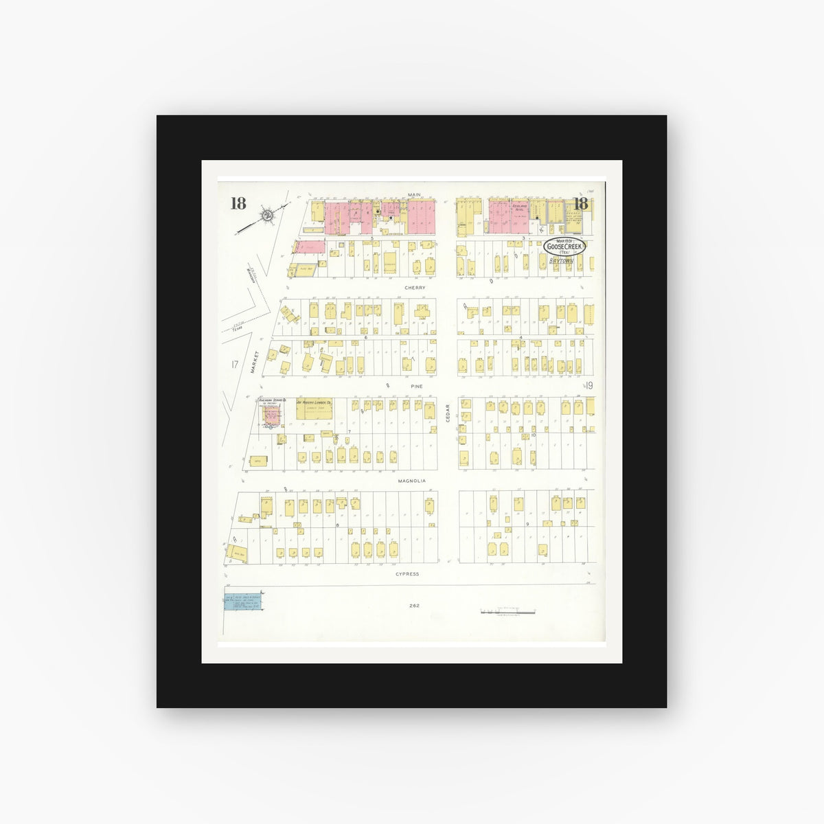Old map wall art mockup — black gallery frame with white mat — Sanborn Fire Insurance Map from Goose Creek, Harris County, Texas (1931), Sheet #0018