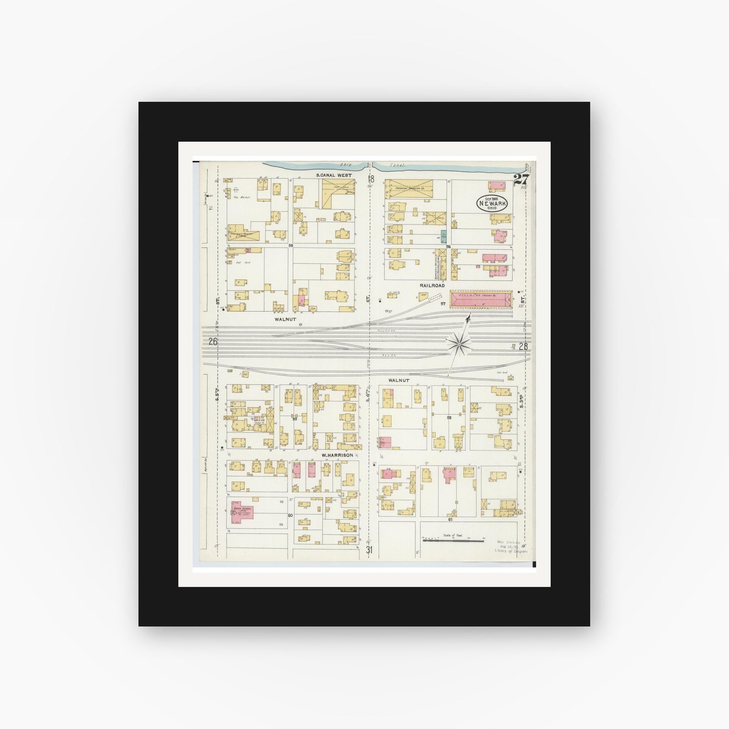 Old map wall art mockup — black gallery frame with white mat — Sanborn Fire Insurance Map from Newark, Licking County, Ohio (1905), Sheet #0027