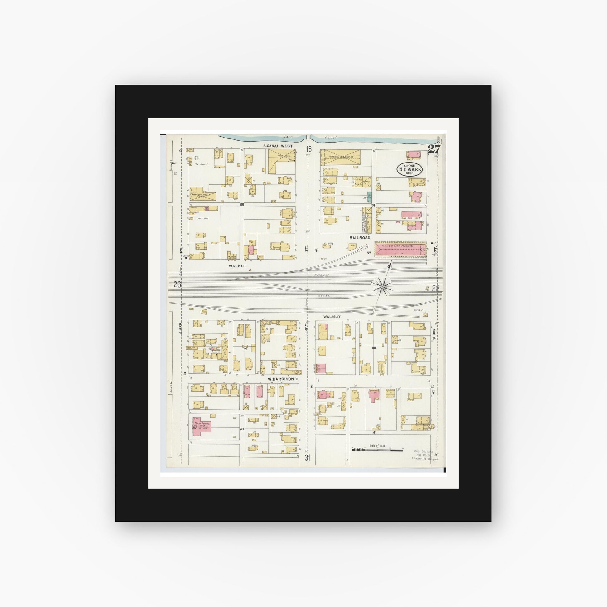 Old map wall art mockup — black gallery frame with white mat — Sanborn Fire Insurance Map from Newark, Licking County, Ohio (1905), Sheet #0027