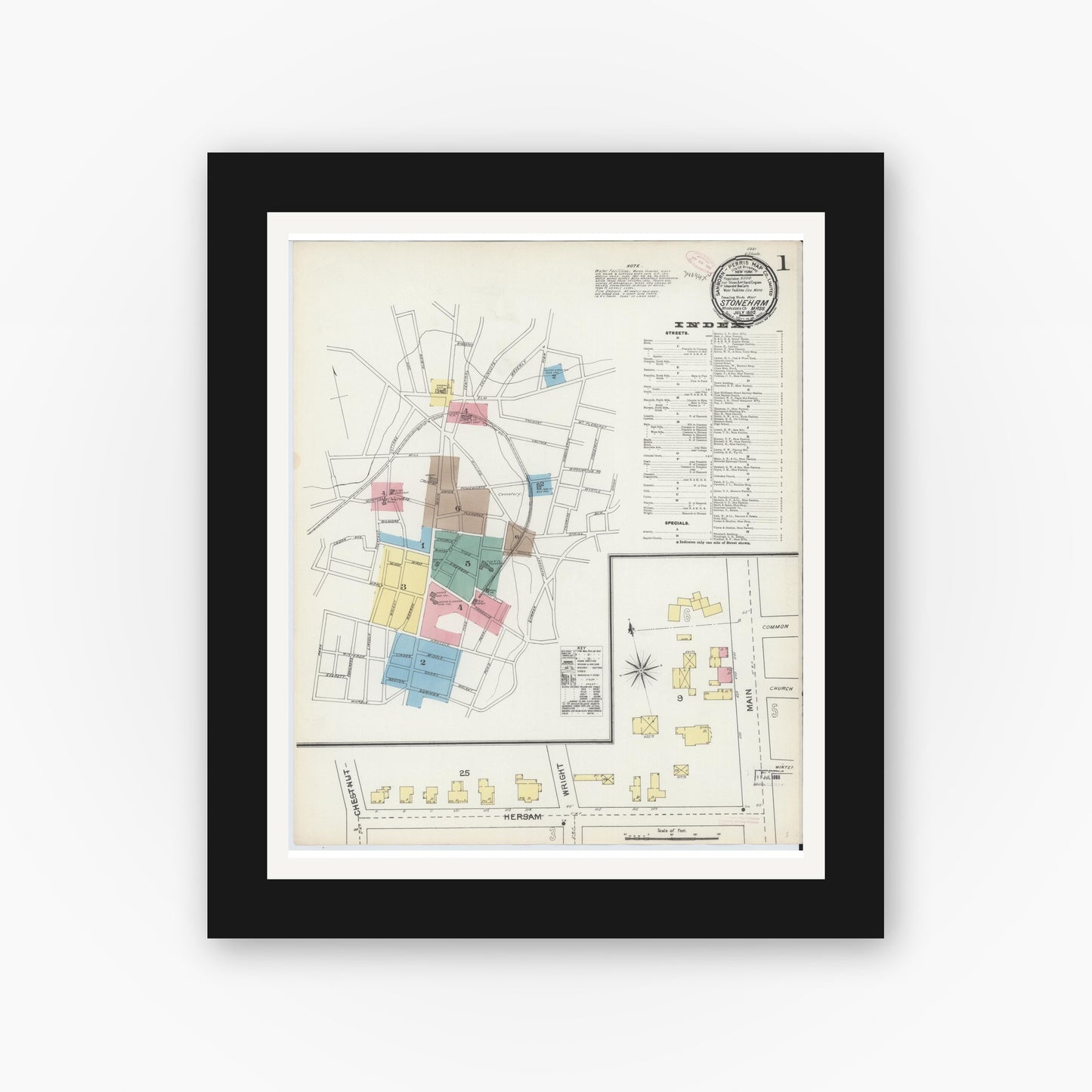 Old map wall art mockup — black gallery frame with white mat — Sanborn Fire Insurance Map from Stoneham, Middlesex County, Massachusetts (1892), Sheet #0001