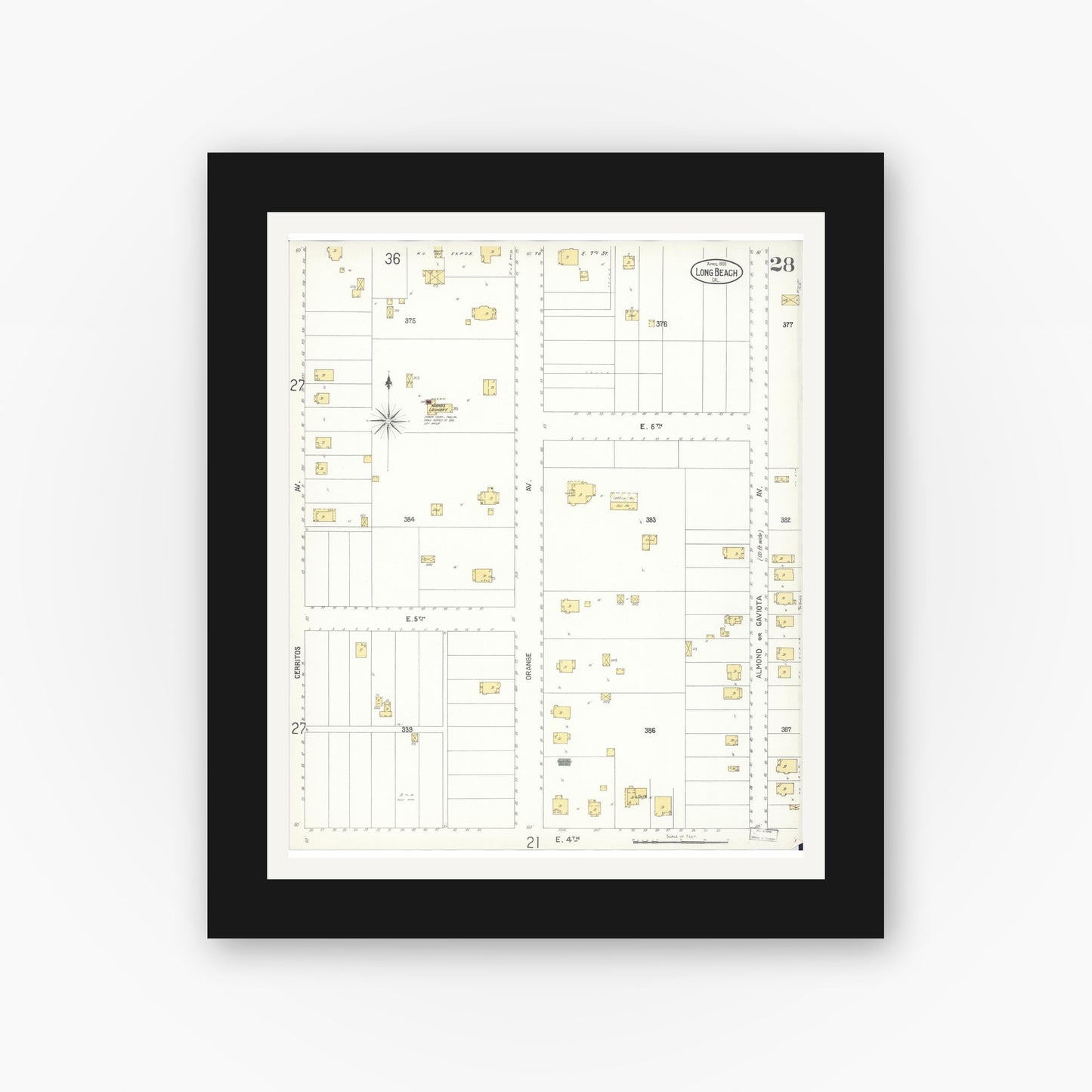 Old map wall art mockup — black gallery frame with white mat — Sanborn Fire Insurance Map from Long Beach, Los Angeles County, California (1905), Sheet #0028