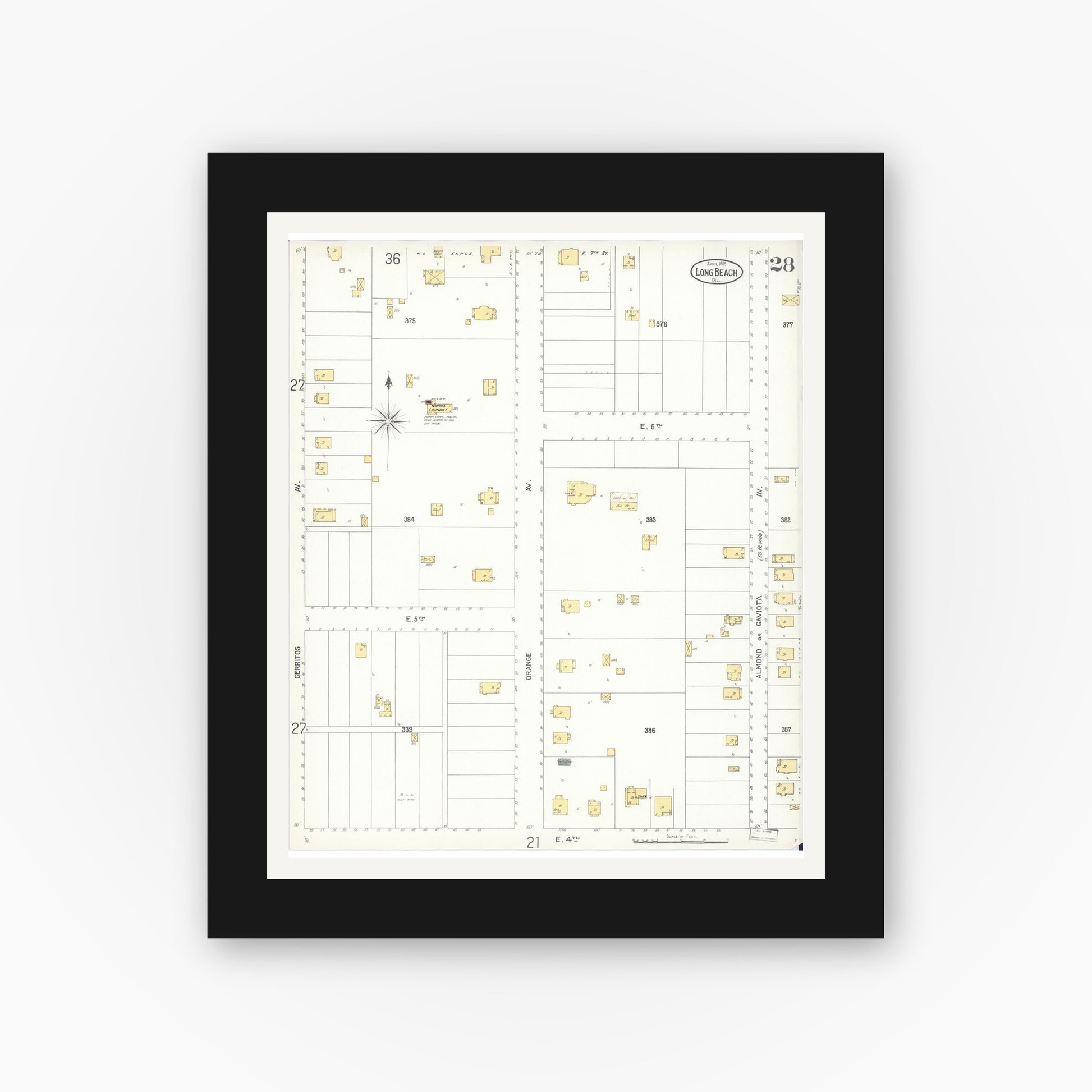 Old map wall art mockup — black gallery frame with white mat — Sanborn Fire Insurance Map from Long Beach, Los Angeles County, California (1905), Sheet #0028