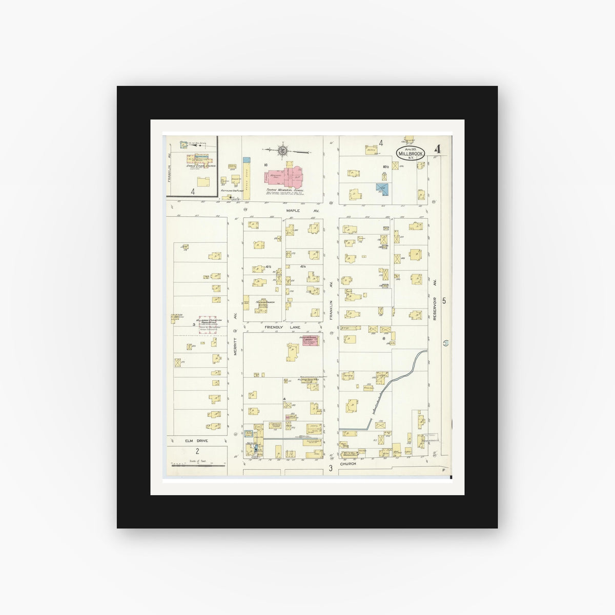 Old map wall art mockup — black gallery frame with white mat — Sanborn Fire Insurance Map from Millbrook, Dutchess County, New York (1913), Sheet #0004