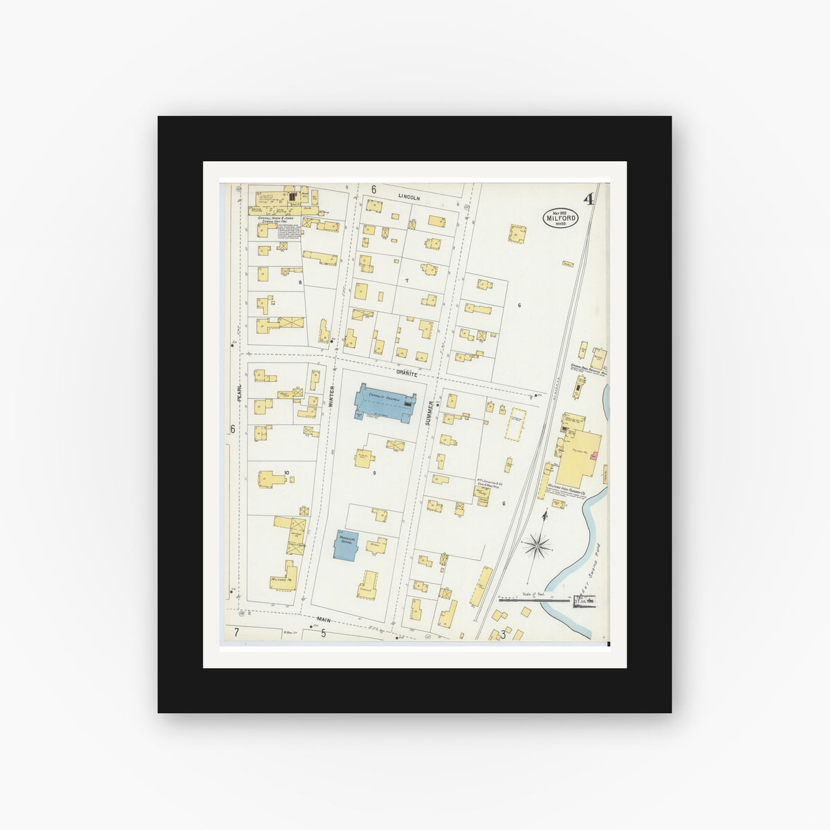 Old map wall art mockup — black gallery frame with white mat — Sanborn Fire Insurance Map from Milford, Worcester County, Massachusetts (1903), Sheet #0004