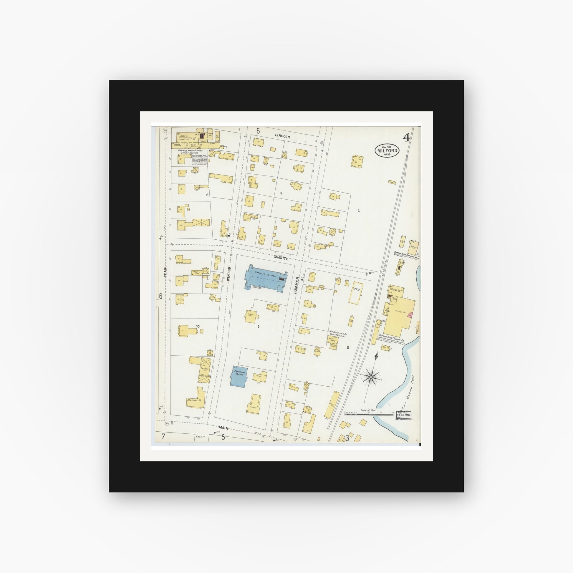 Old map wall art mockup — black gallery frame with white mat — Sanborn Fire Insurance Map from Milford, Worcester County, Massachusetts (1903), Sheet #0004