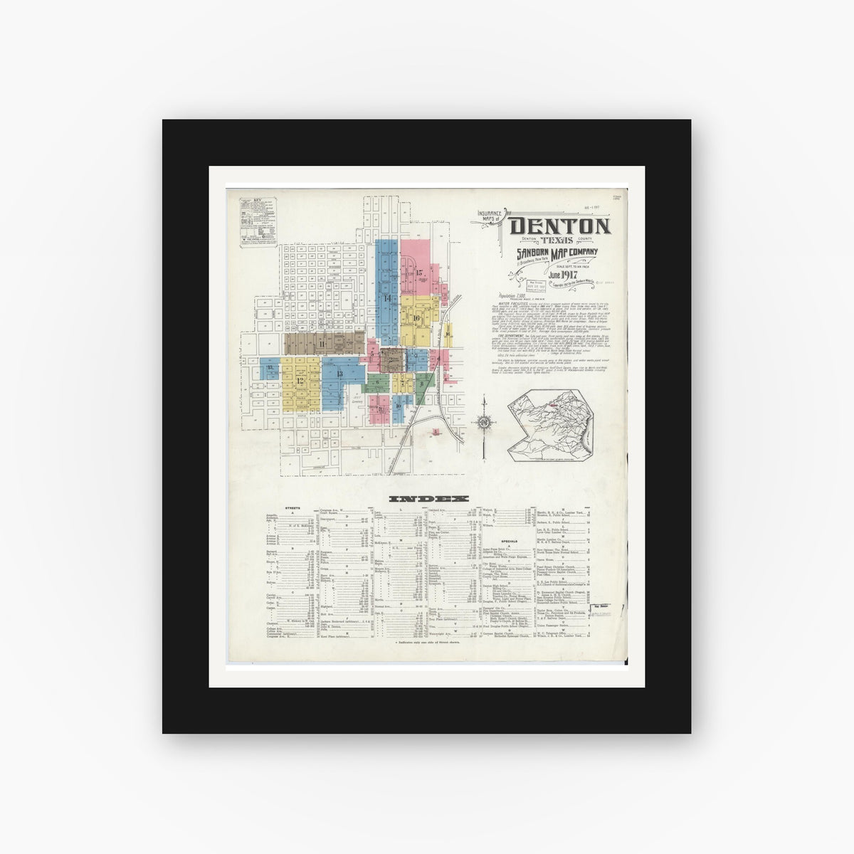 Old map wall art mockup — black gallery frame with white mat — Sanborn Fire Insurance Map from Denton, Denton County, Texas (1917), Sheet #0001