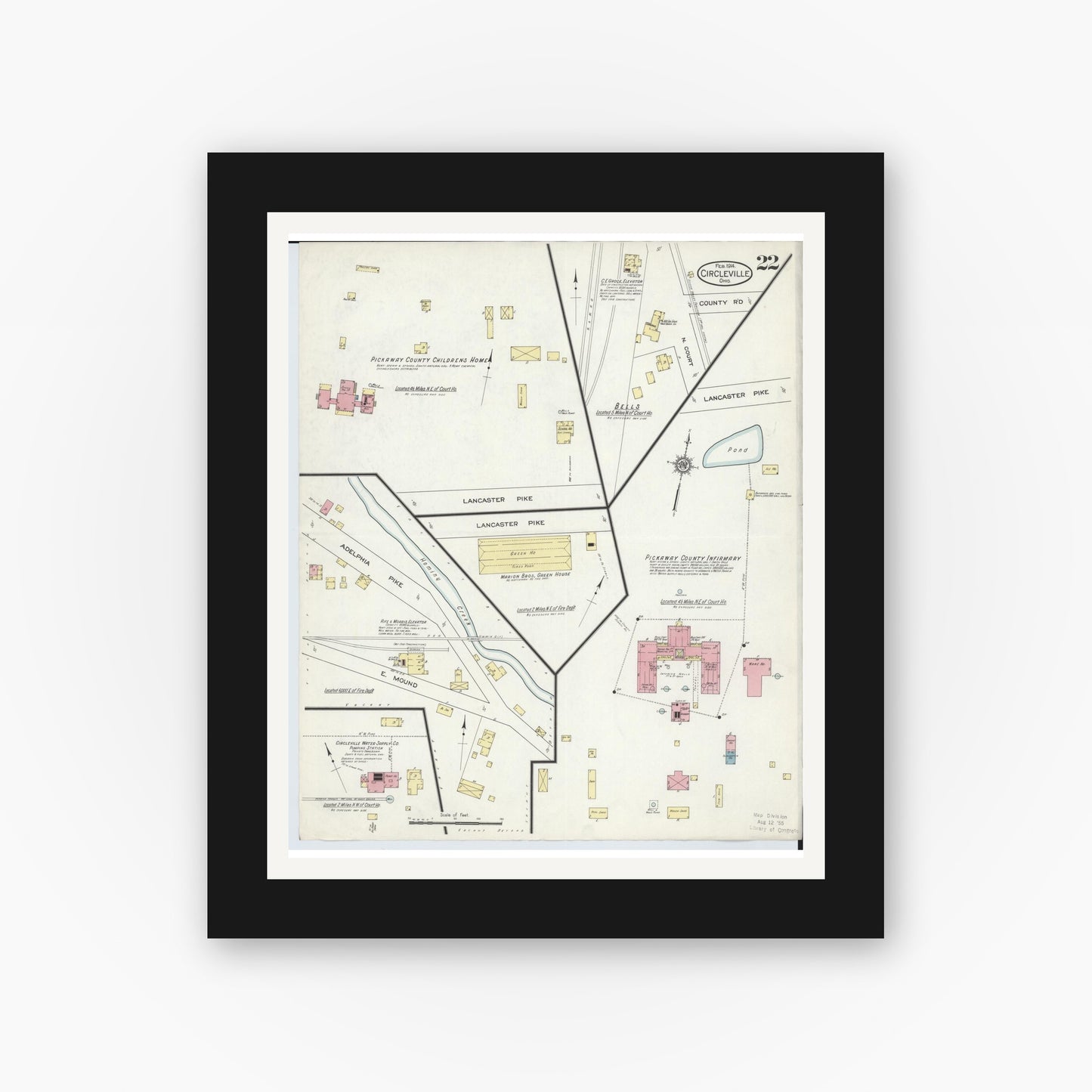 Old map wall art mockup — black gallery frame with white mat — Sanborn Fire Insurance Map from Circleville, Pickaway County, Ohio (1914), Sheet #0022
