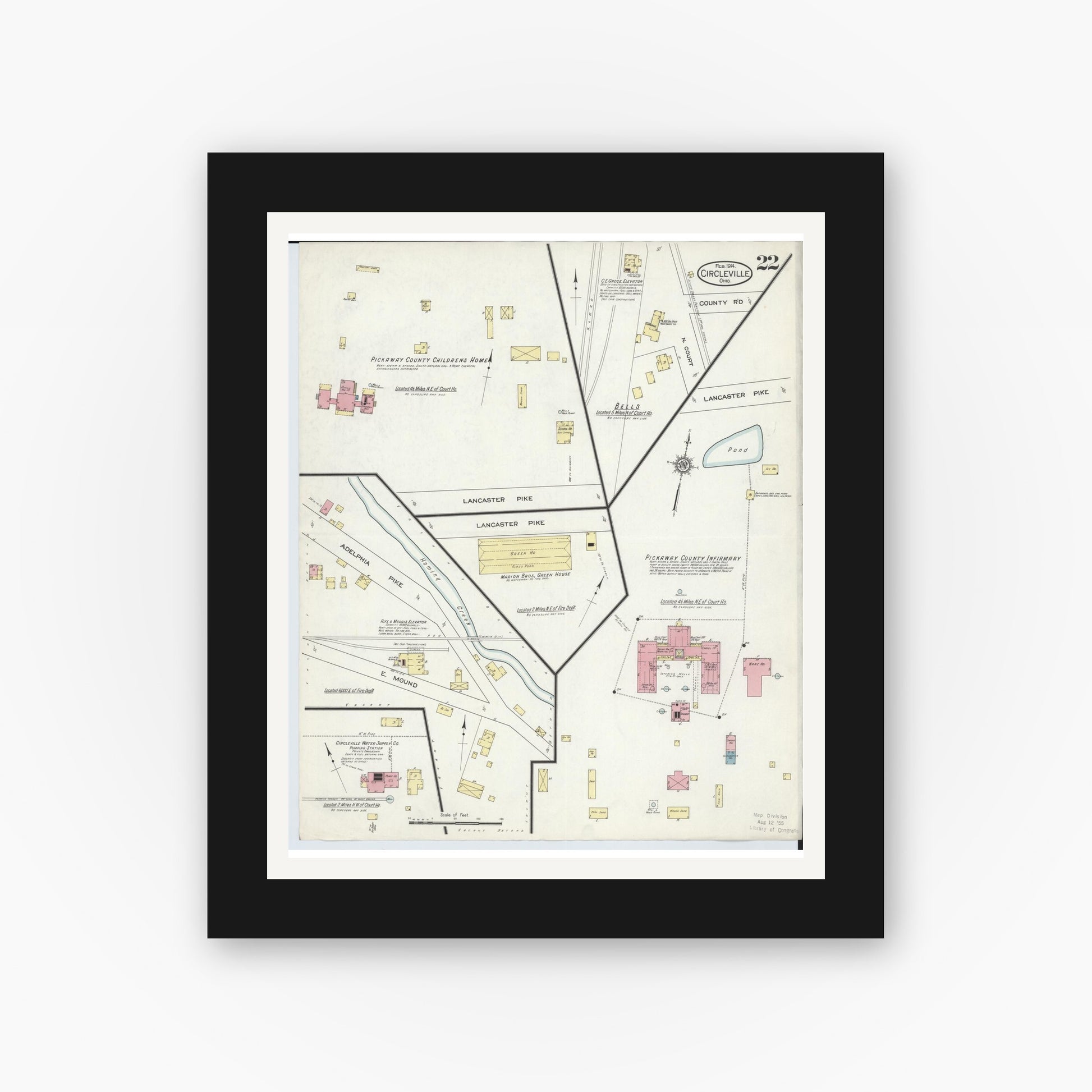 Old map wall art mockup — black gallery frame with white mat — Sanborn Fire Insurance Map from Circleville, Pickaway County, Ohio (1914), Sheet #0022