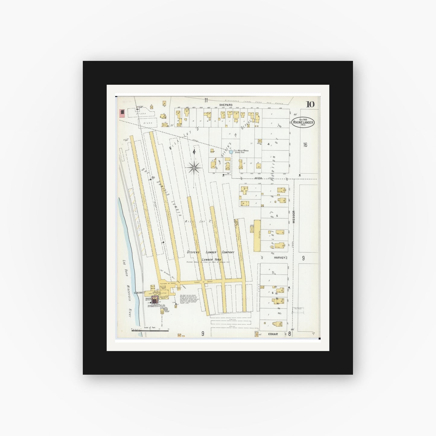 Old map wall art mockup — black gallery frame with white mat — Sanborn Fire Insurance Map from Rhinelander, Oneida County, Wisconsin (1900), Sheet #0010