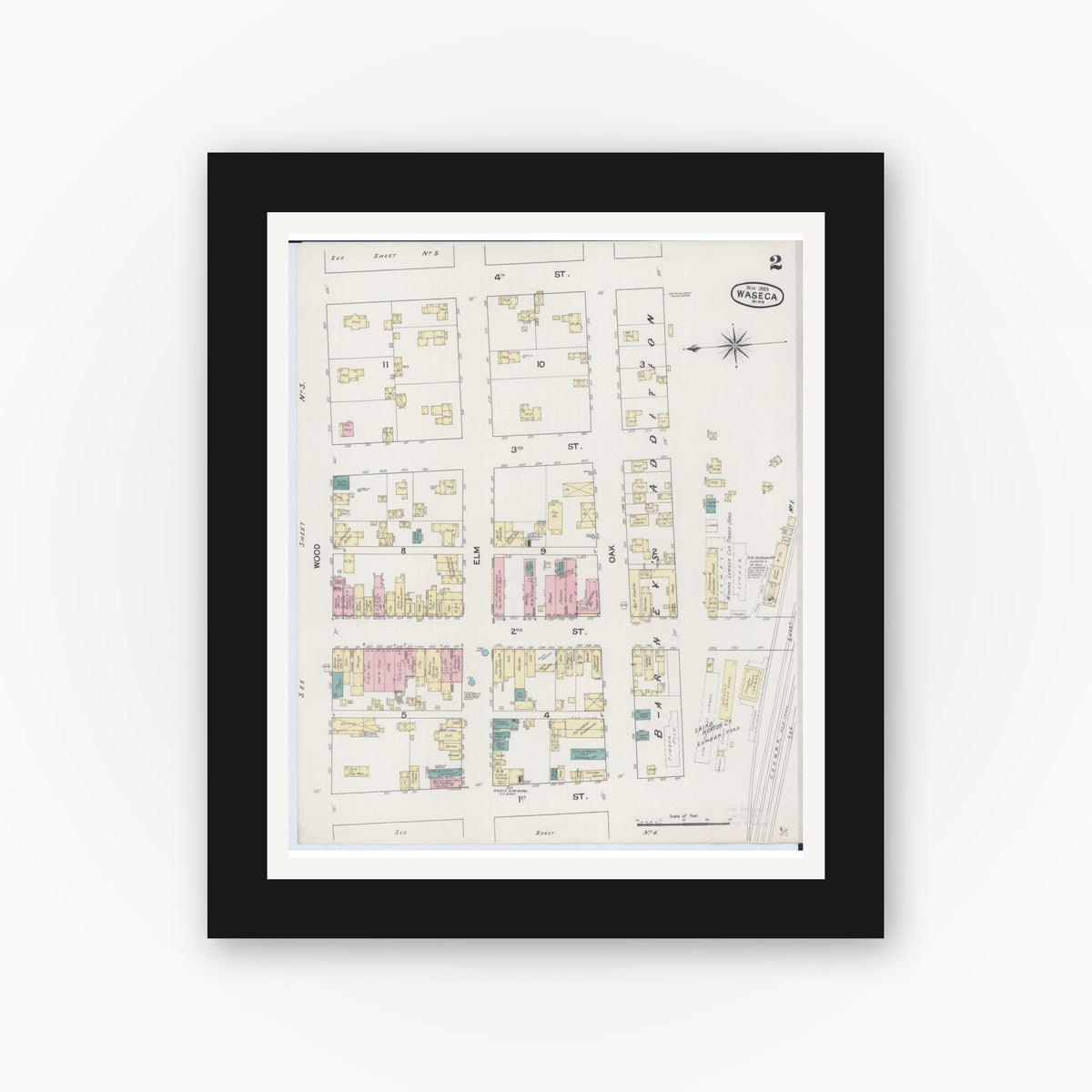 Old map wall art mockup — black gallery frame with white mat — Sanborn Fire Insurance Map from Waseca, Waseca County, Minnesota (1889), Sheet #0002