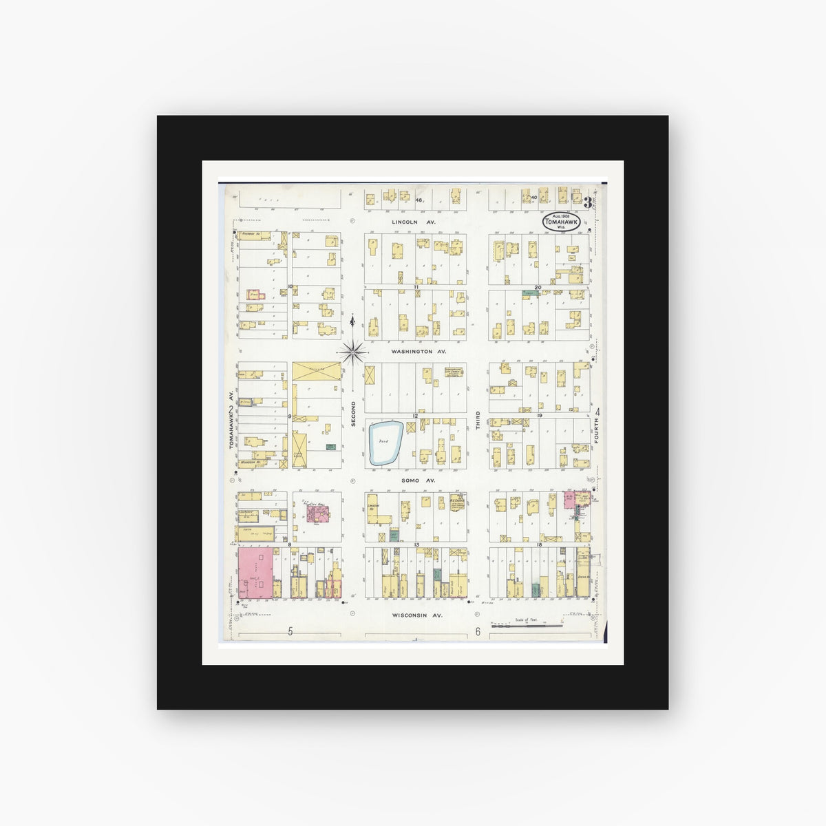 Old map wall art mockup — black gallery frame with white mat — Sanborn Fire Insurance Map from Tomahawk, Lincoln County, Wisconsin (1908), Sheet #0003
