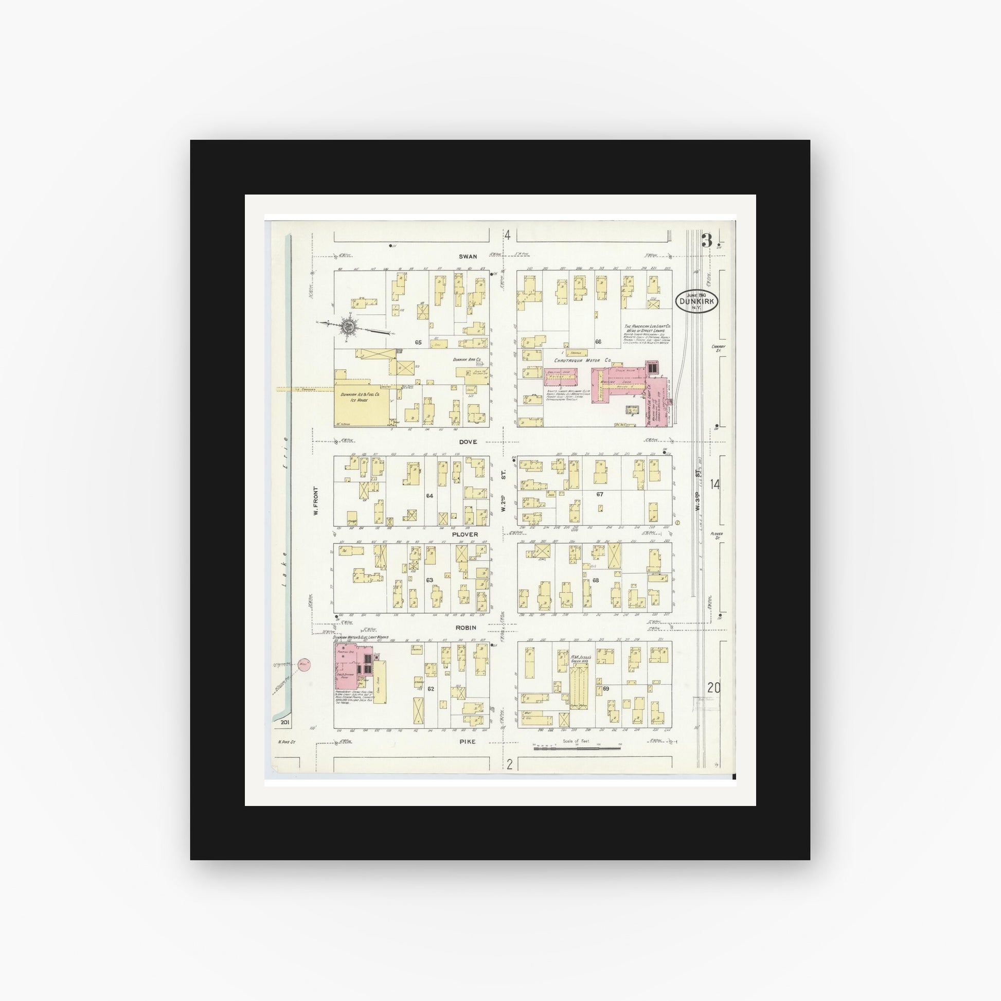 Old map wall art mockup — black gallery frame with white mat — Sanborn Fire Insurance Map from Dunkirk, Chautauqua County, New York (1910), Sheet #0003