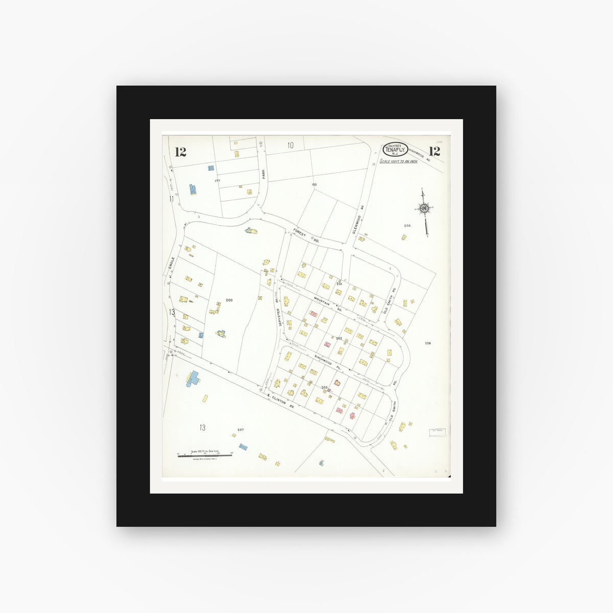 Old map wall art mockup — black gallery frame with white mat — Sanborn Fire Insurance Map from Tenafly, Bergen County, New Jersey (1923), Sheet #0012