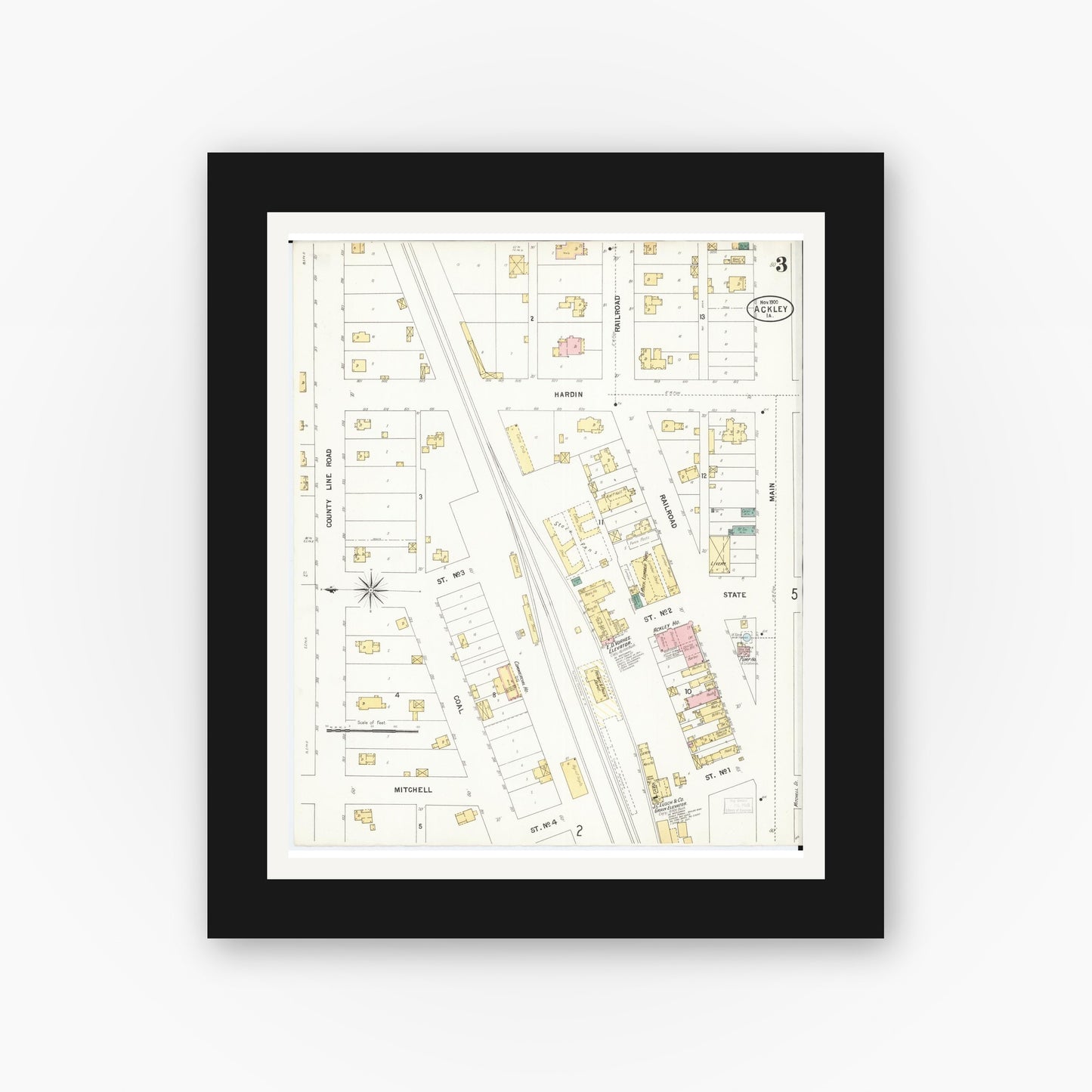 Old map wall art mockup — black gallery frame with white mat — Sanborn Fire Insurance Map from Ackley, Hardin and Franklin Counties, Iowa (1900), Sheet #0003