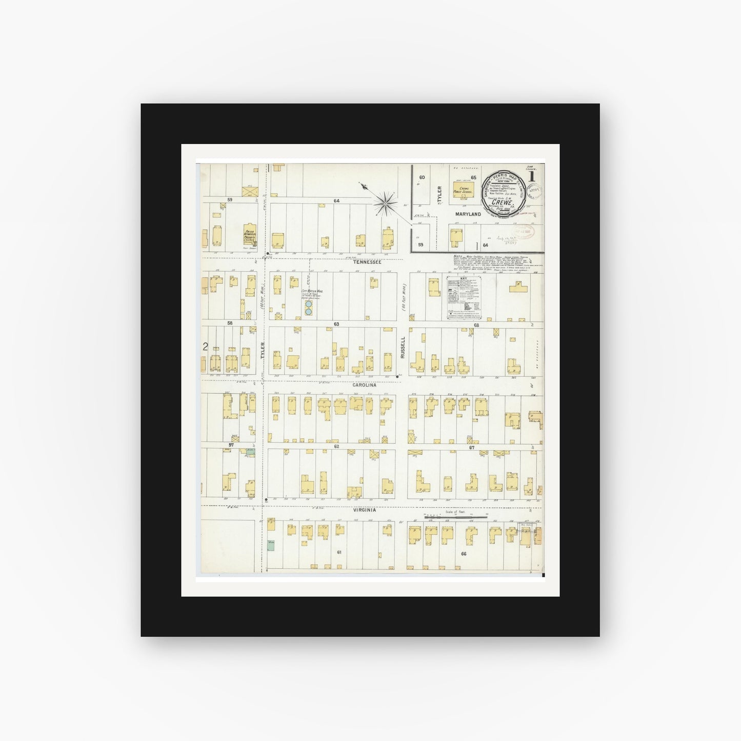 Old map wall art mockup — black gallery frame with white mat — Sanborn Fire Insurance Map from Crewe, Nottoway County, Virginia (1899), Sheet #0001