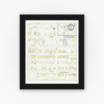 Old map wall art mockup — black gallery frame with white mat — Sanborn Fire Insurance Map from Crewe, Nottoway County, Virginia (1899), Sheet #0001