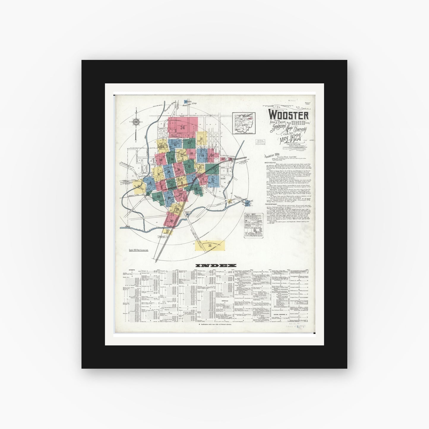 Old map wall art mockup — black gallery frame with white mat — Sanborn Fire Insurance Map from Wooster, Wayne County, Ohio (1923) - Complete Map Set