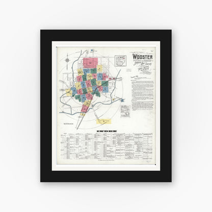 Old map wall art mockup — black gallery frame with white mat — Sanborn Fire Insurance Map from Wooster, Wayne County, Ohio (1923) - Complete Map Set