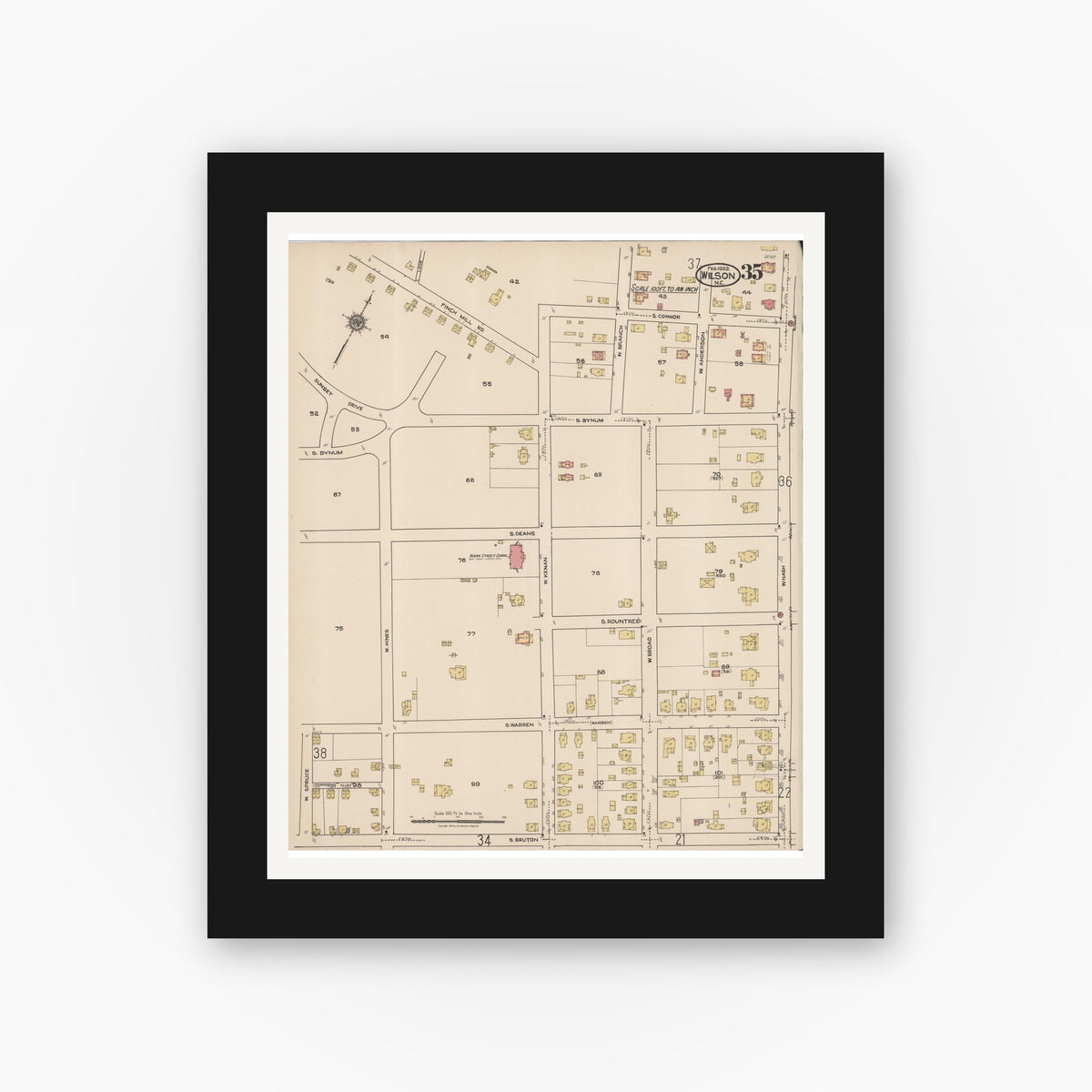 Old map wall art mockup — black gallery frame with white mat — Sanborn Fire Insurance Map from Wilson, Wilson County, North Carolina (1922), Sheet #0035