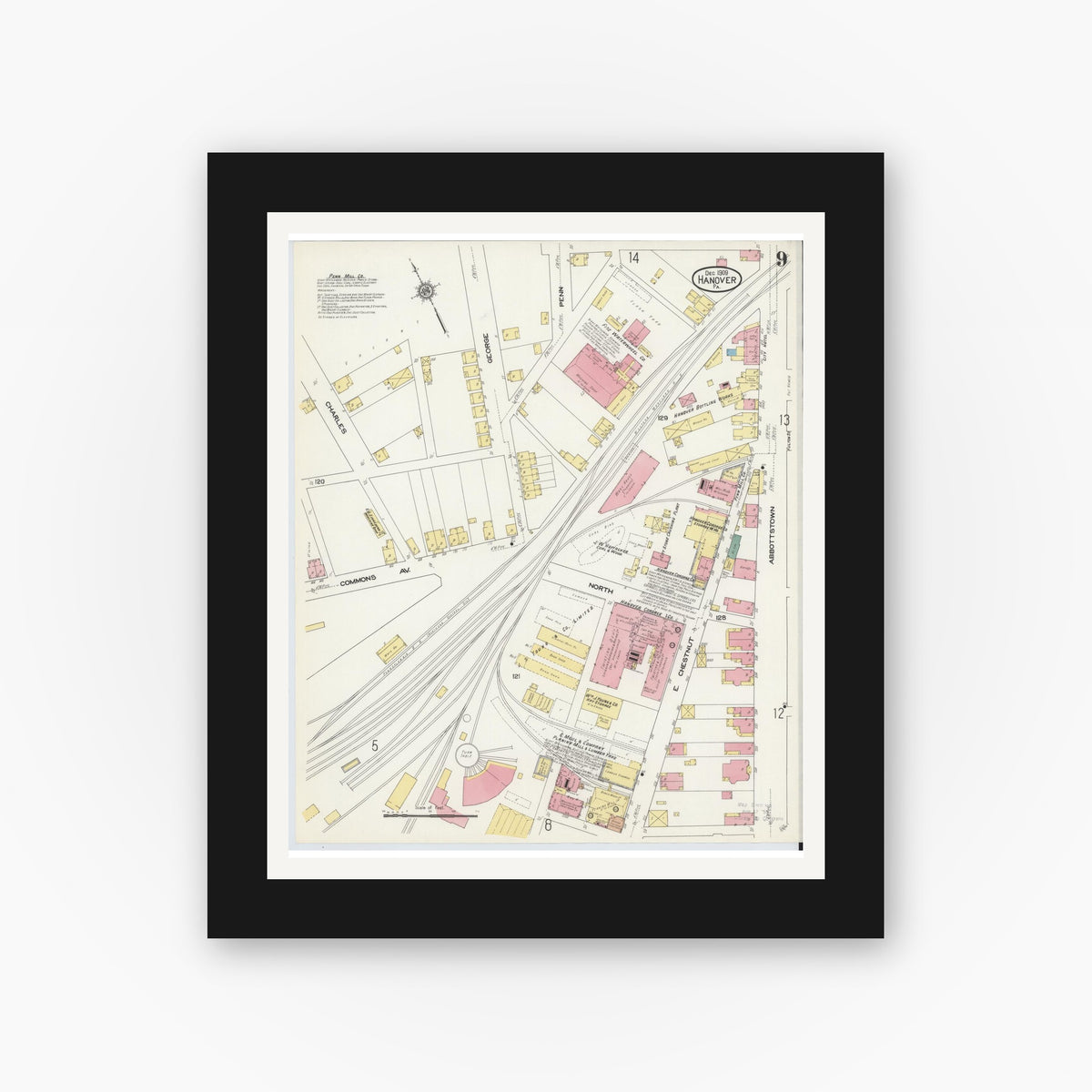 Old map wall art mockup — black gallery frame with white mat — Sanborn Fire Insurance Map from Hanover, York County, Pennsylvania (1909), Sheet #0009
