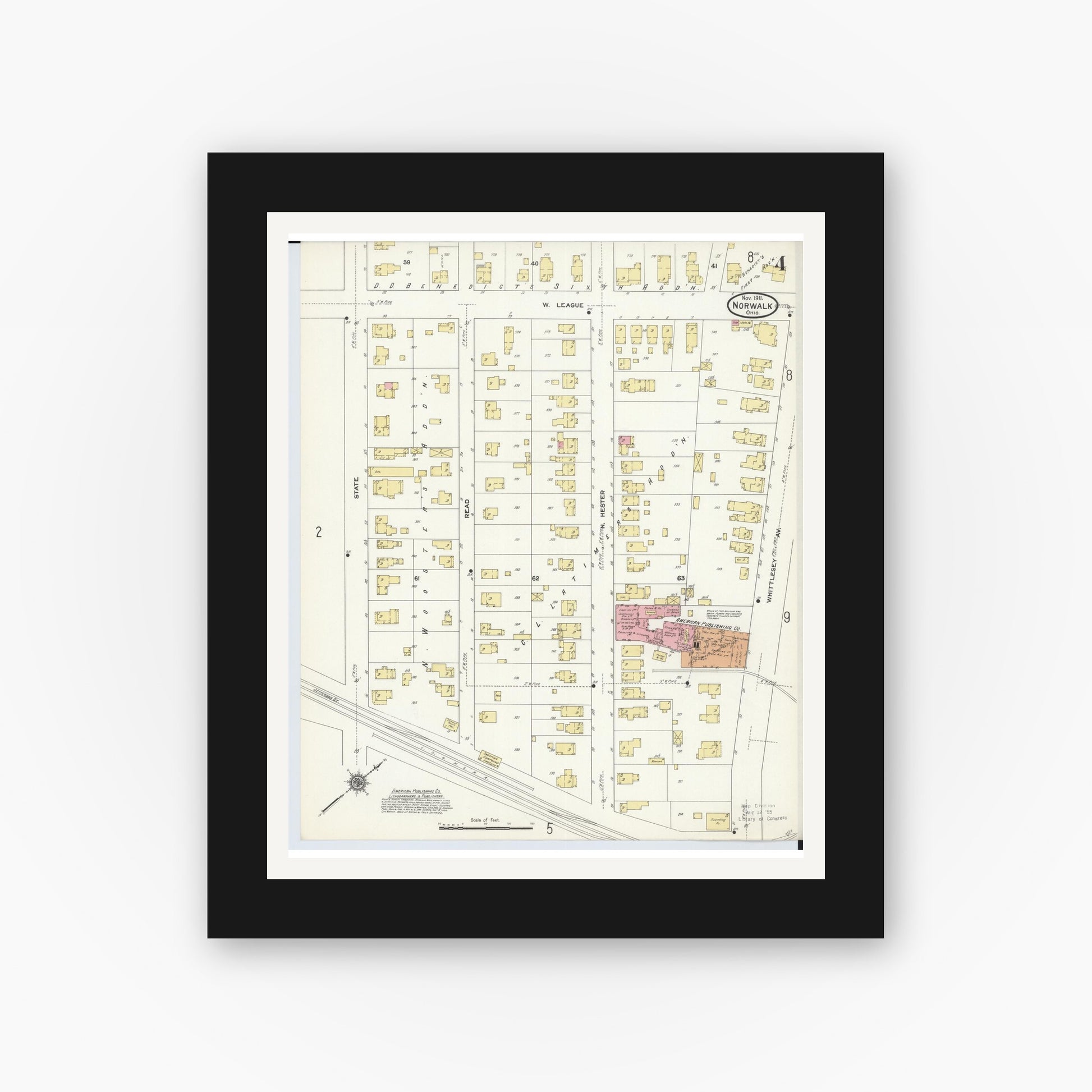 Old map wall art mockup — black gallery frame with white mat — Sanborn Fire Insurance Map from Norwalk, Huron County, Ohio (1911), Sheet #0004