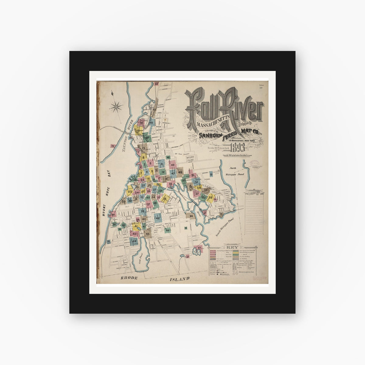 Old map wall art mockup — black gallery frame with white mat — Sanborn Fire Insurance Map from Fall River, Bristol County, Massachusetts (1893), Sheet #0001
