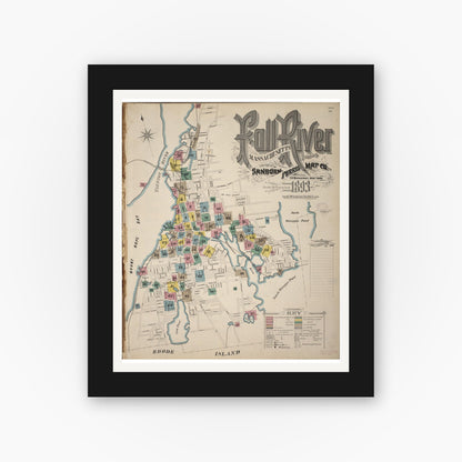 Old map wall art mockup — black gallery frame with white mat — Sanborn Fire Insurance Map from Fall River, Bristol County, Massachusetts (1893), Sheet #0001