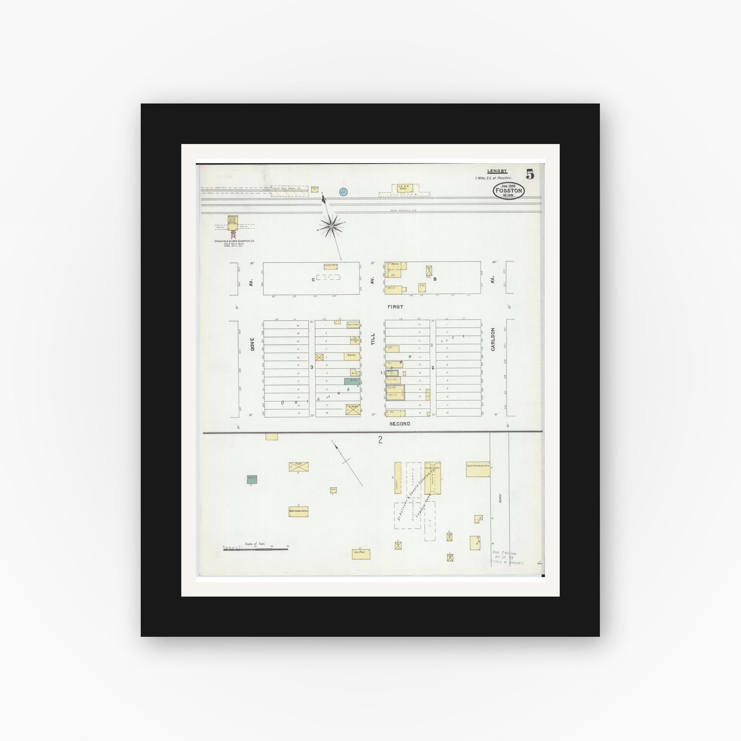 Old map wall art mockup — black gallery frame with white mat — Sanborn Fire Insurance Map from Fosston, Polk County, Minnesota (1905), Sheet #0005