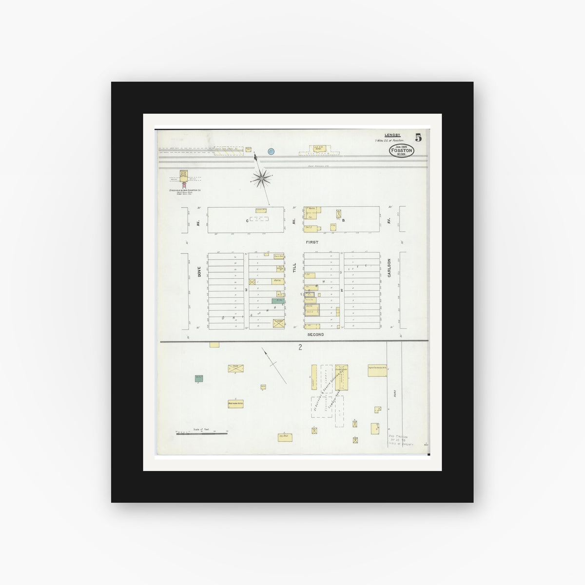 Old map wall art mockup — black gallery frame with white mat — Sanborn Fire Insurance Map from Fosston, Polk County, Minnesota (1905), Sheet #0005