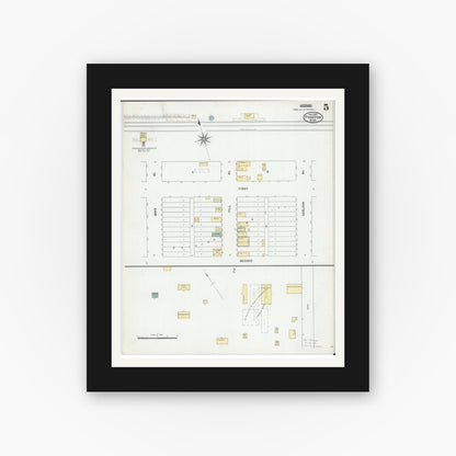 Old map wall art mockup — black gallery frame with white mat — Sanborn Fire Insurance Map from Fosston, Polk County, Minnesota (1905), Sheet #0005