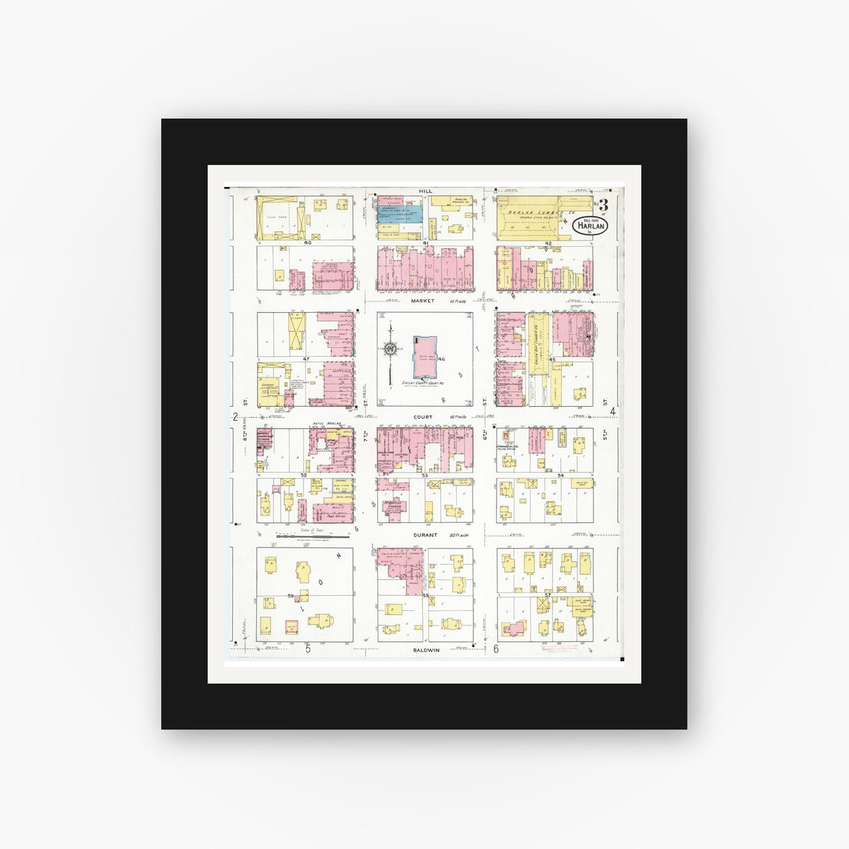 Old map wall art mockup — black gallery frame with white mat — Sanborn Fire Insurance Map from Harlan, Shelby County, Iowa (1918), Sheet #0003